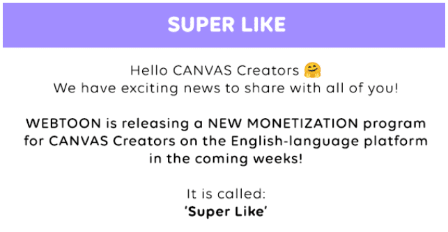 snippet from the announcement email telling Canvas creators of the super like program that will release in the coming weeks.