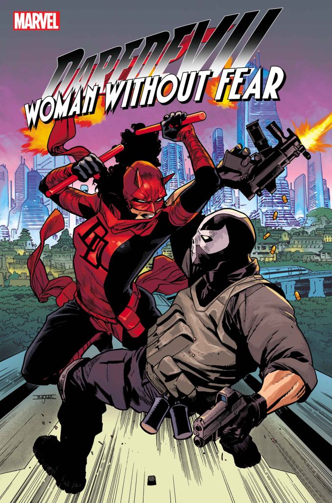 Elektra's Daredevil knocks down a man in a ski mask wielding a sub-machine gun in Daredevil Woman without fear