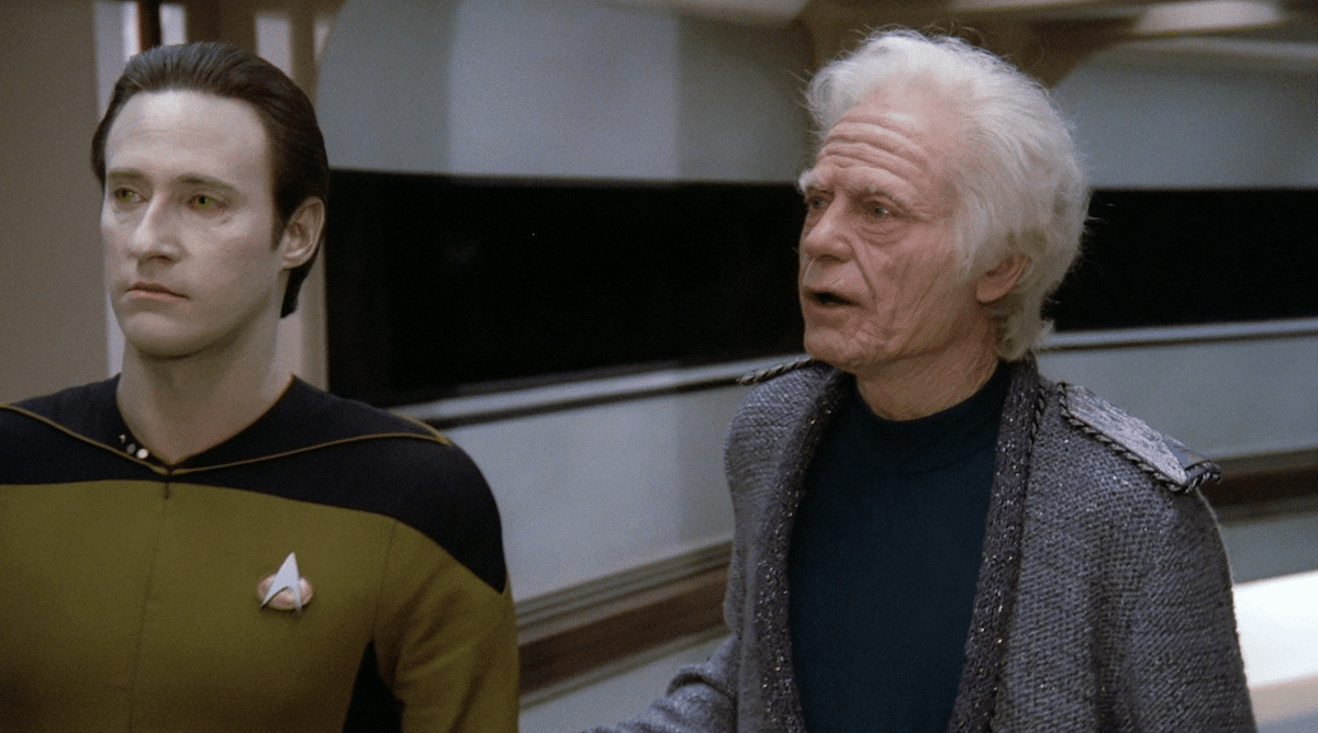 Data and Bones in the hallway of the USS Enterprise-D in the pilot of Star Trek: The Next Generation, "Encounter at Farpoint."