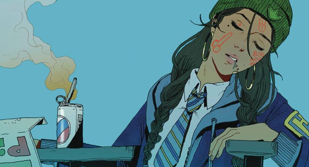 comic art of a light blue backdrop with Mabel dressed in a school girl uniform with a tie around the neck and a light blue academy jacket. Sitting at a school desk, there's a steaming can of something in front of her. She also wears a green beanie and has red dicks drawn on her face, as she is currently sleeping.