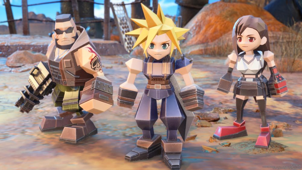 Barrett, Cloud, and Tifa as pixels in final fantasy 7 rebirth's fort condor