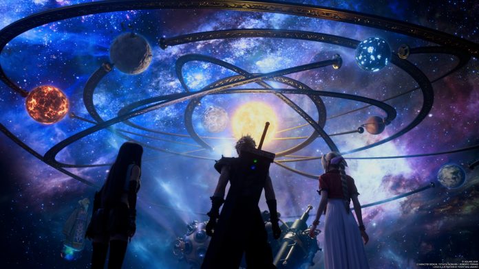 final fantasy 7 rebirth Tifa, Cloud, and Aerith look at a projector in Final Fantasy 7 Rebirth