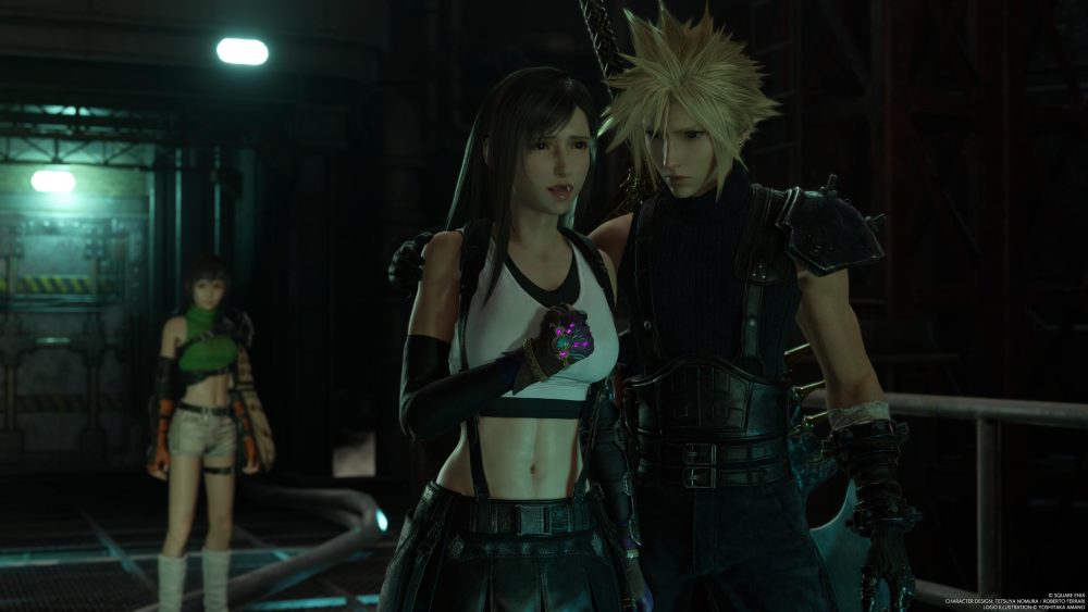 cloud holding tifa in final fantasy 7 rebirth, with Yuffie in the backdrop