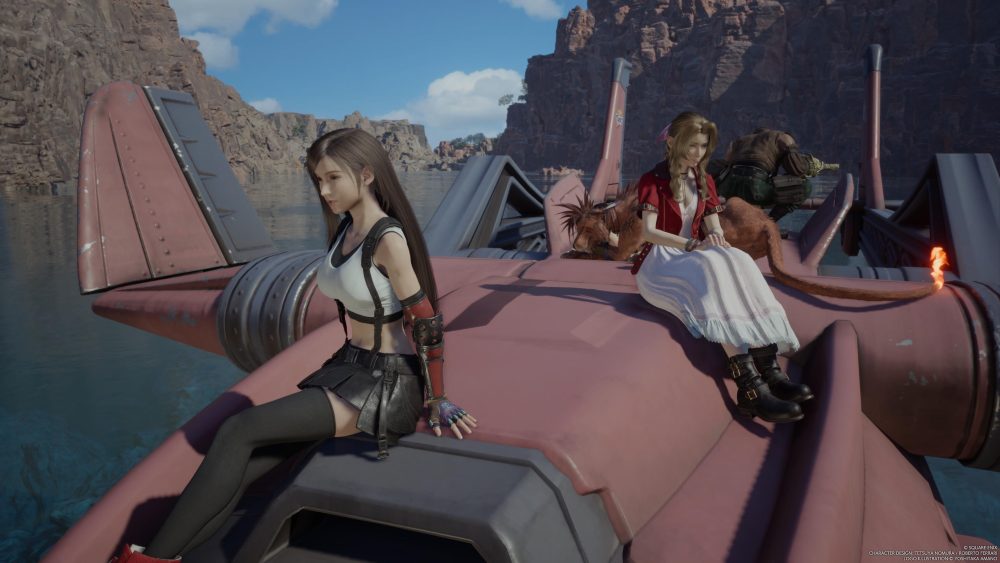 Tifa and Aerith sitting around on the Tiny Bronco in Final Fantasy 7 Rebirth