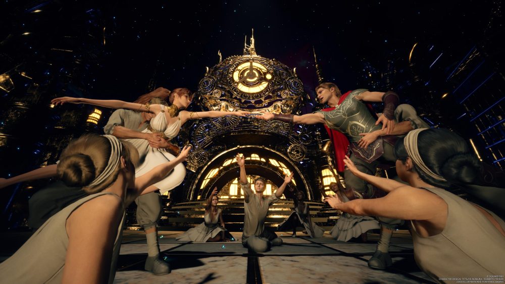 Jessie and several dancers performing at Loveless, the play with a mechanical city set piece behind them in Final Fantasy 7 Rebirth