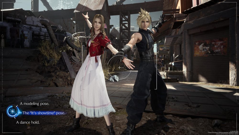 Aerith and Cloud pose for a photograph with several pose options listed in blew at bottom left