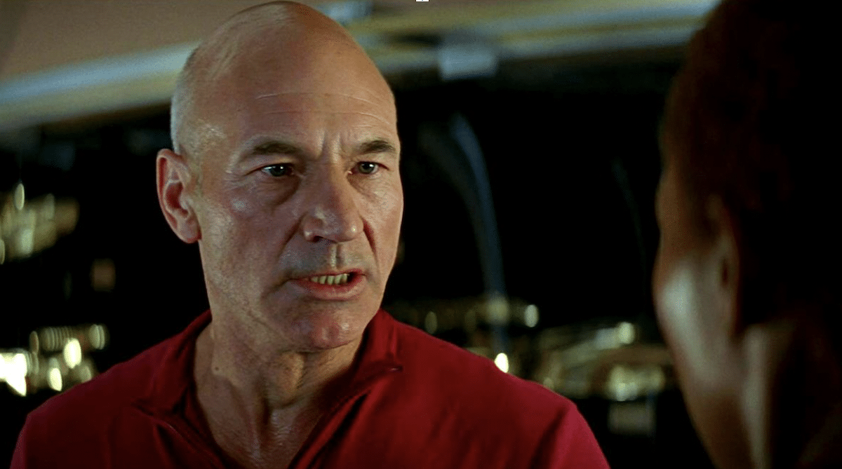 Picard speaks to Lily in his office on the Enterprise-E in Star Trek: First Contact.