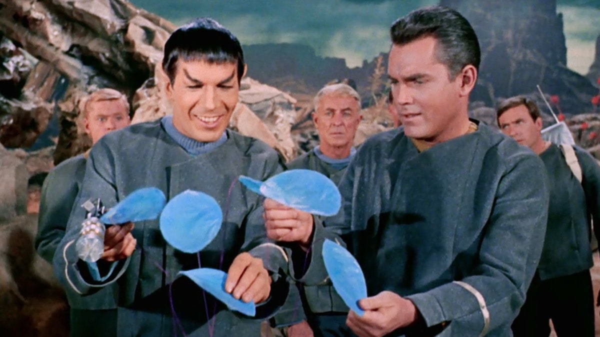 Yak-eyebrow Spock and OG Pike get all excited about weird flowers in Star Trek: The Original Series' original pilot, "The Cage."