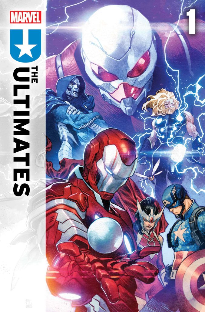 cover of The Ultimates with Iron Lad, Doom, Ant-Man, Thor, Wasp, Sif, and Captain America