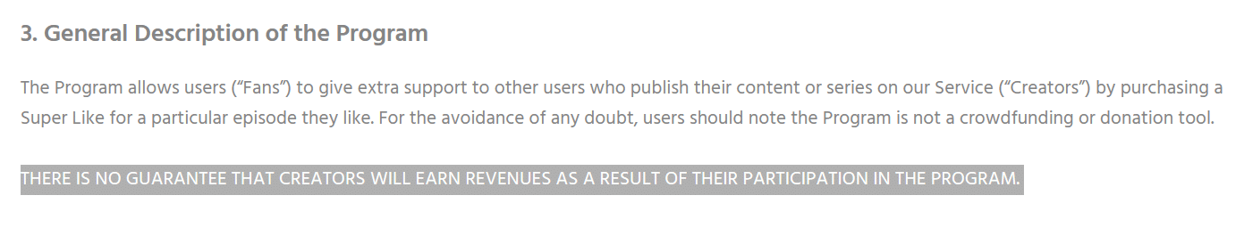 Section 3 of the Super Like Terms of Service with the highlighted text "There is no Guarantee that creators will earn revenue as a result of their participation in the program." 
