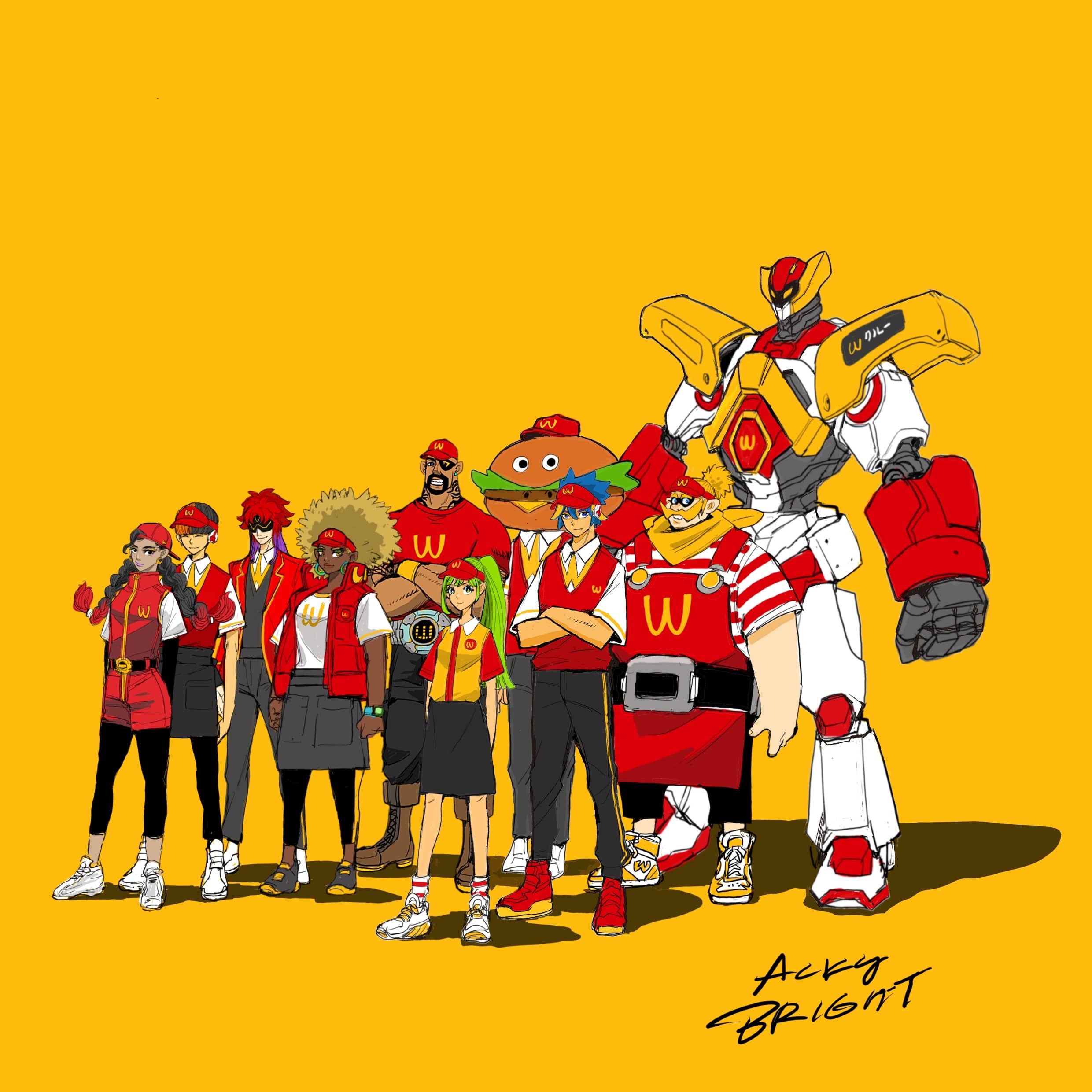 lineup of characters illustrated and designed by Acky Bright for the WcDonald's campaign (left to right): Mia, Carm, J, Flurry, Mr.Bev, Wicke, Burg, Midnight, Quart Sr, and the WcDizer 3000.