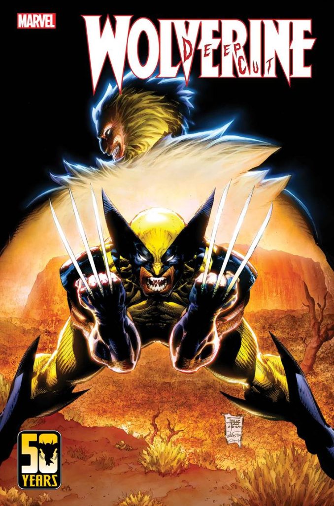 Wolverine Deep Cut image of Wolverine claws out below the backdrop of a looking away Sabertooth