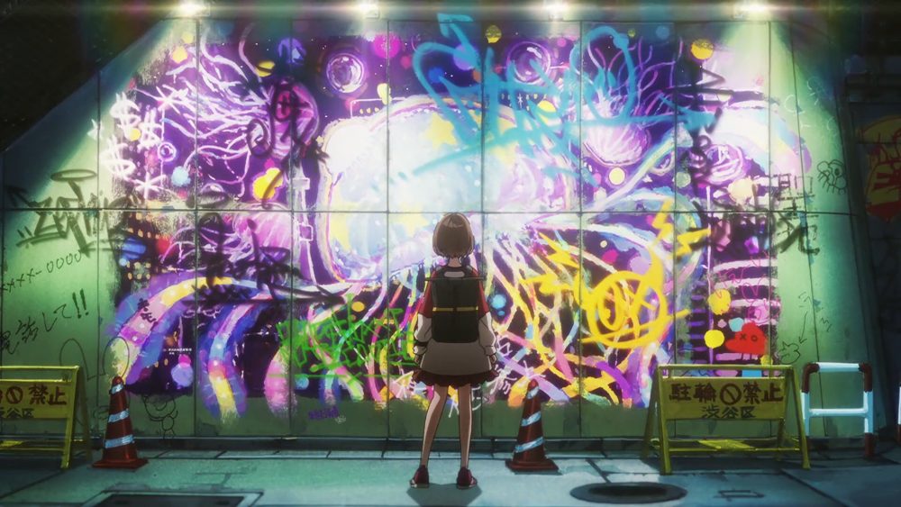 mahiru standing in front of jellyfish mural