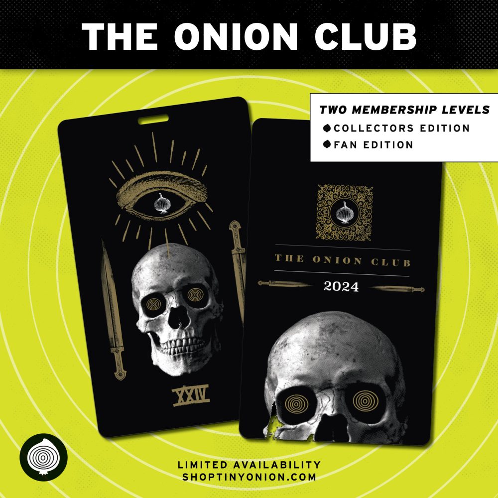 The Onion Club for Tiny Onion members in black and skulls with a yellow backdrop.