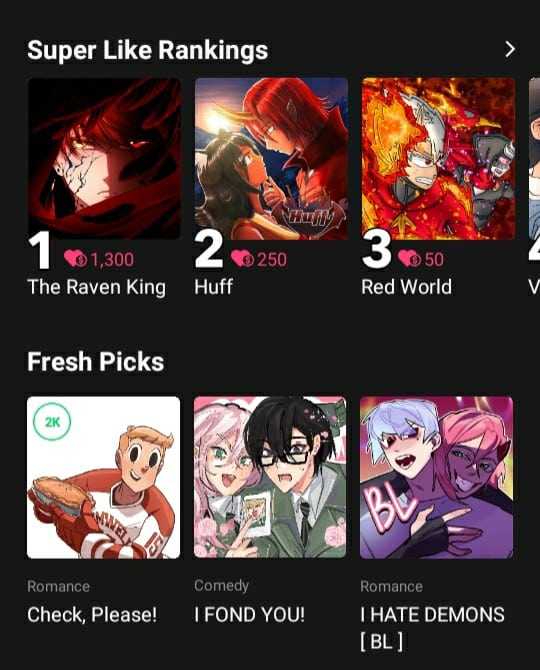 Super Like rankings on WEBTOON Canvas