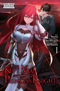 The Kept Man of the Princess Knight cover art showing a red-haired woman in armor standing in front of a "kept man"