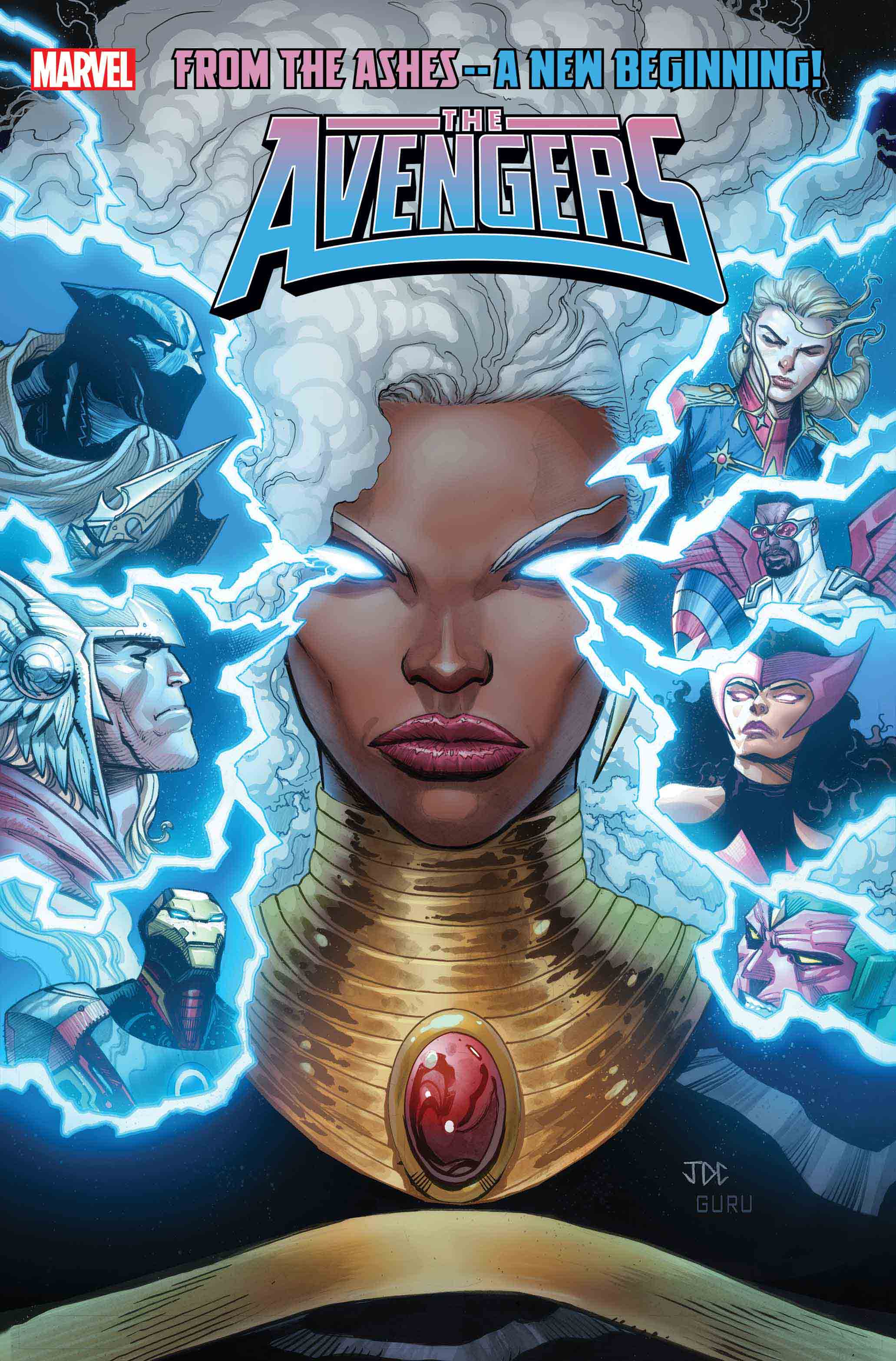Storm in the cover for Avengers #17. Lightbolts flying out of her eyes as panel dividers to the left and right of the team. Panther, Thor, and Iron Man on the left. Captain Marvel, Captain America, Wanda, and Vision to the right.