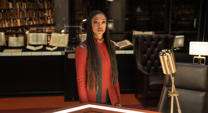 Disco clip Burnham in the library in the antepenultimate episode of Discovery. Photo credit: Grossman.