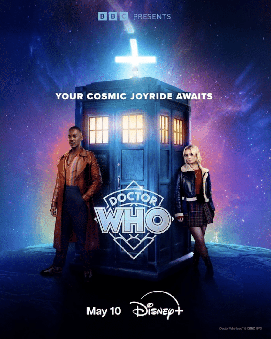 Ncuti Gatwa as the Fifteenth Doctor and Millie Gibson as Ruby Sunday standing in front of the TARDIS.