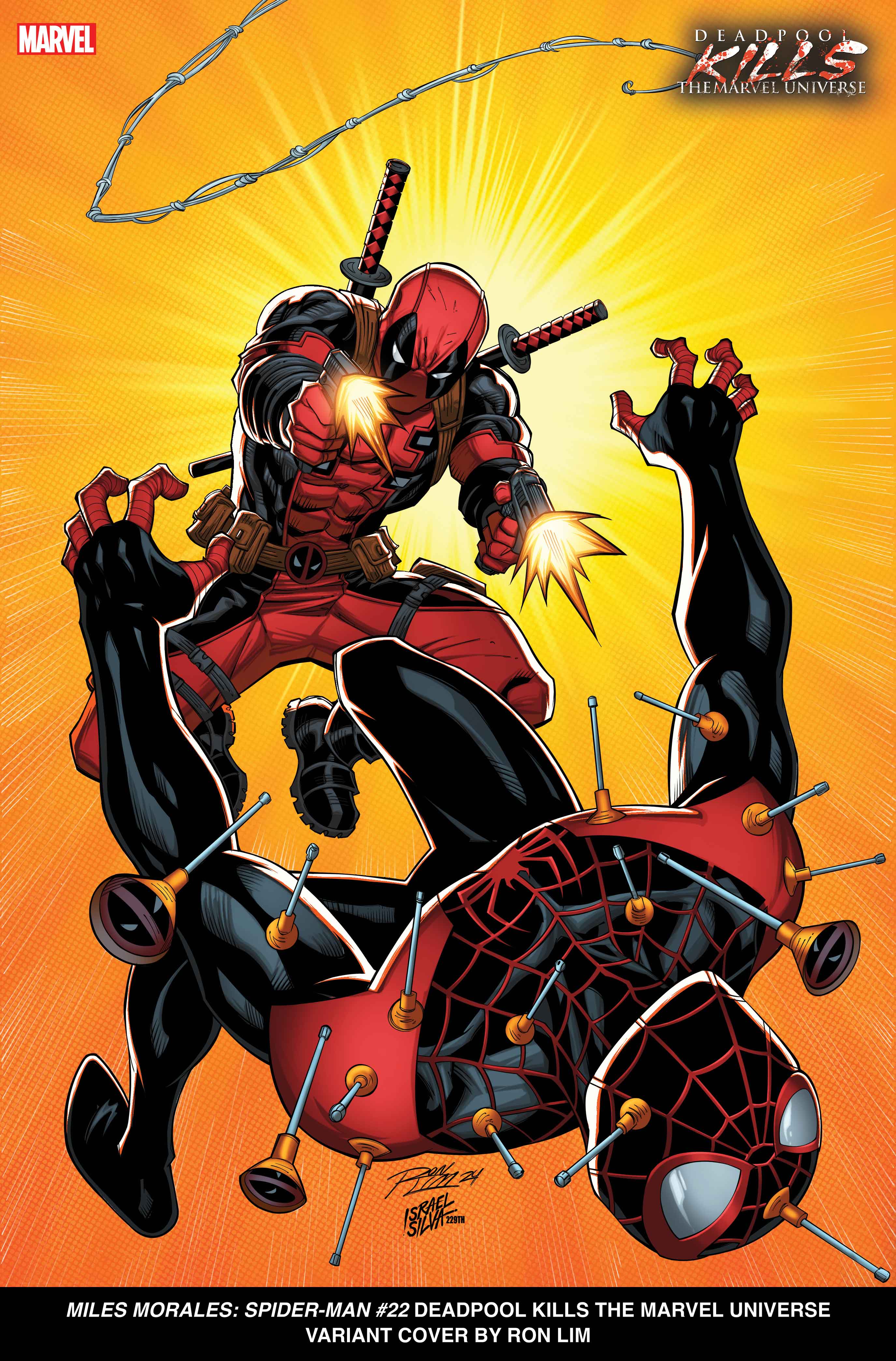 Deadpool fires sticky dart gun rounds at miles from his dual pistols 