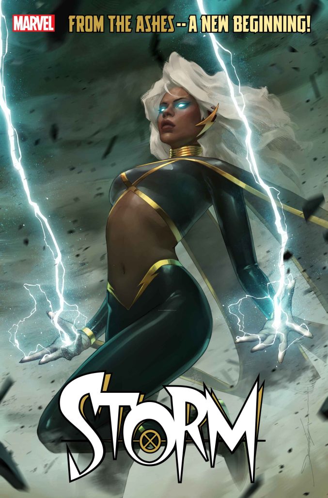 storm with her chest high in a midriff and black leather suit, lightning shooting out of her hand and blue electrified eyes.