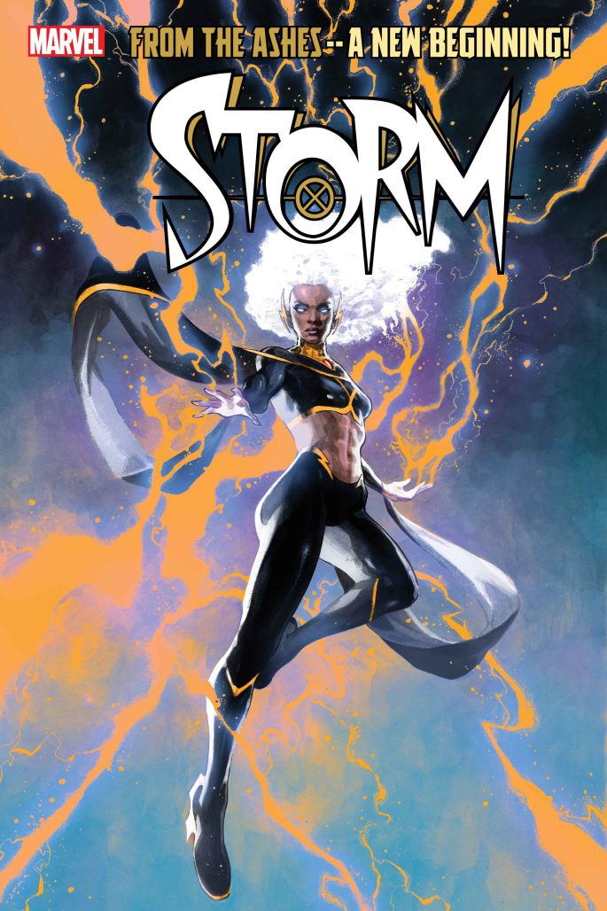 storm with a six-pack abs as orange lightning disperses out of her hands and she flies high, her white storm logo atop.