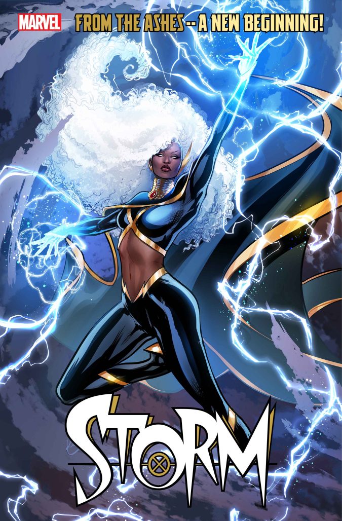storm with blue lightning in her hands and the left hand raised to the sky 