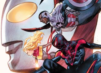 ULTRAMAN X AVENGERS team up Japan’s greatest with Earth’s Mightiest a giant head of ultraman at the backdrop of the avengers team of iron man, wasp, captain america, spider-man, and captain marvel.