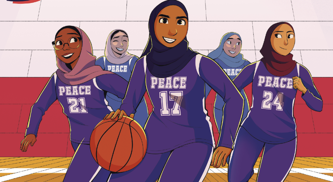 Five hijab-wearing basketball players from the cover of We Are Big Time.
