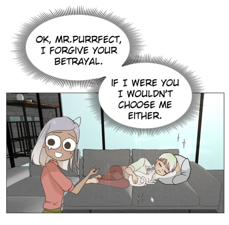panel from the webtoon with Zelan asleep on the couch with the cat named Mr.Purrfect, while Zylith complains to herself.
