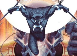 PHASES OF THE MOON KNIGHT is a tales of the Moon Knight story Moonknight stands against a moon.