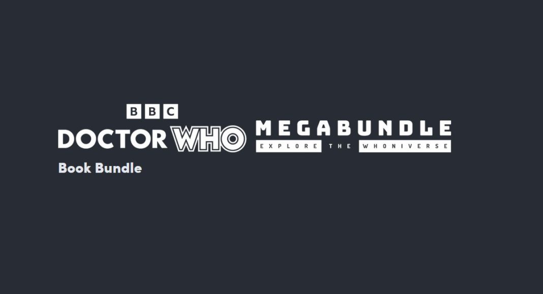 Black backdrop with white lettering that reads, "Doctor Who Mega Bundle"