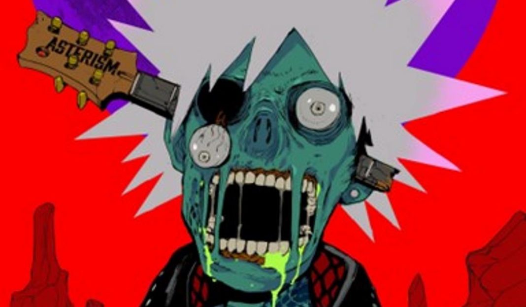 zombie with asterism guitar sticking out of head