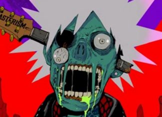 Acky Bright teams up with ASTERISM for PLANET OF METAL zombie with asterism guitar sticking out of head