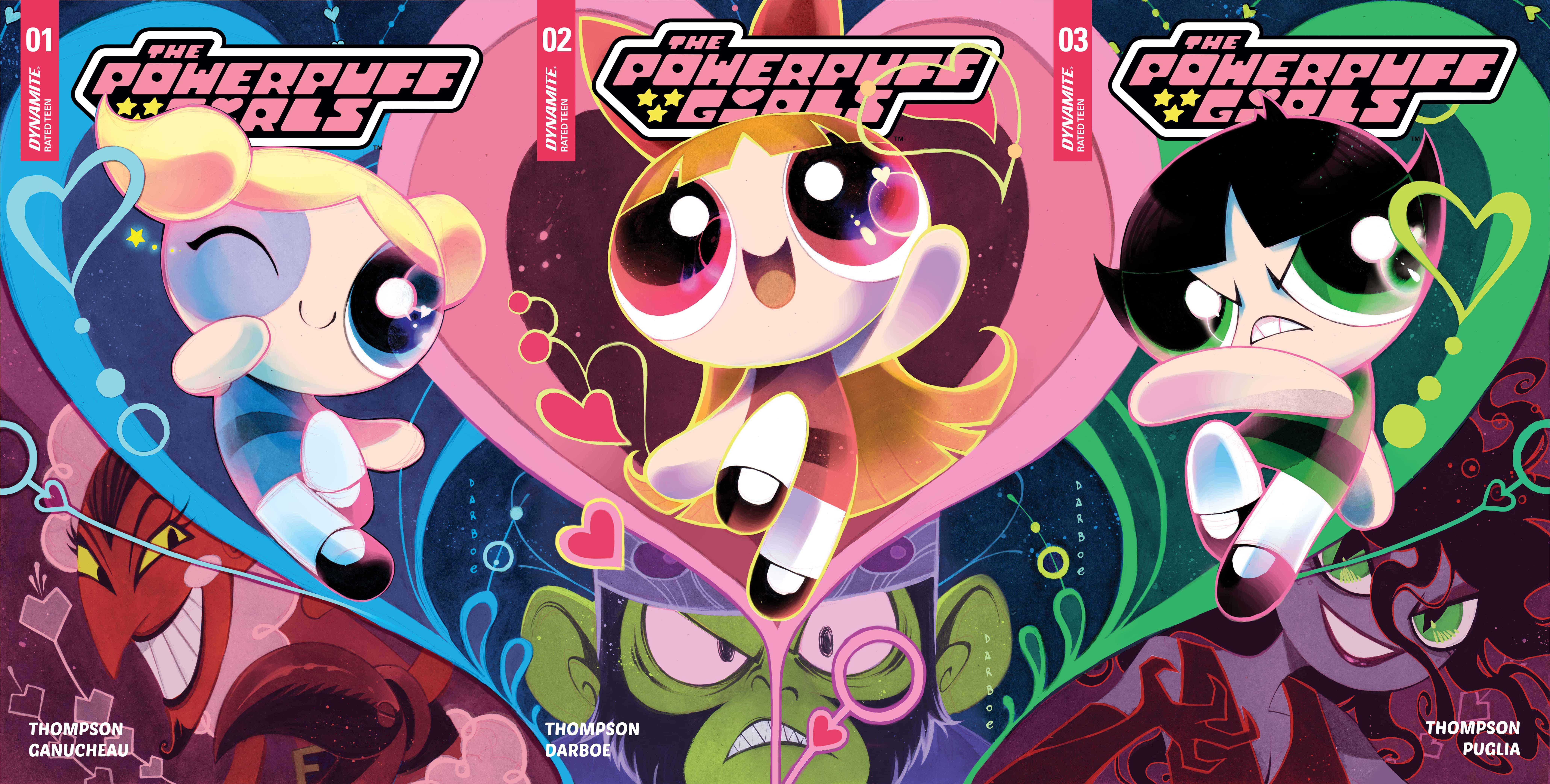 Bubbles, Blossom, and Buttercup in a combined powerpuff girls comic cover