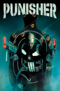 Joe Garrison with armor that resembles the punisher's skull and two laser pistols in hand. The backdrop is teal and the Punisher logo in bold typeface stands high atop the page.