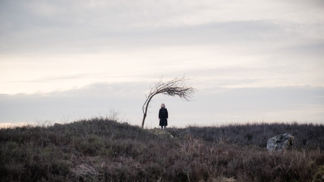 A zoomed-out shot of a figure underneath a bent tree. The figure is wearing black but nothing else is discernible. They stand 73 yards away from the camera.