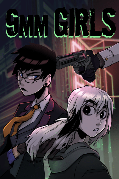 9mm girls two girls stand against neon buildings, one with short black hair (a gun is pointed to hear head) and the other with bleached hair (being held by a gloved hand.)
