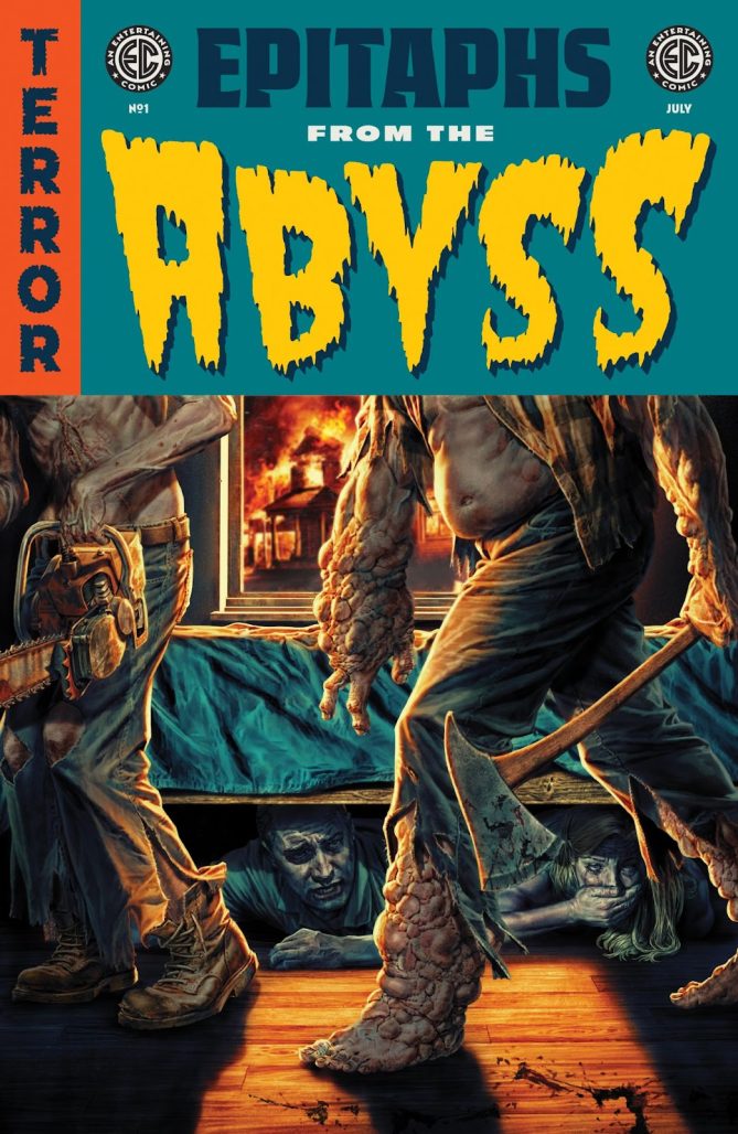 EC Comics covers for epitaphs from the abyss where an axe murderer with a mutated foot walks across as kids hide under the bed and a man with a chainsaw searches to the left