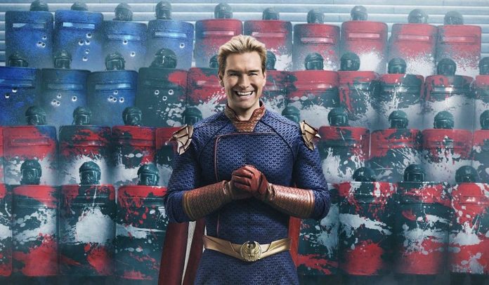 Homelander cover Homelander against a wall of red white and blue riot gear