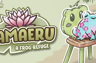 Video Game Review: Kamaeru: A Frog Refuge, while adorable, isn’t entirely ribbeting A blue frog with pink spots, closed eyes, and a tiny smile sits on a green frog chair. To its left is a big lily pad with a pink flower. The lily pad, in green text, says Kamaeru in large letters. A Frog Refuge is written in smaller white letters underneath it.