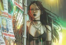 NYX #3 gets a W. Scott Forbes variant revisiting the debut of X-23 X-23 in fishnet stockings and a cutoff top and bra as she presses against an iron fence, with dark yet colorful yellows, red, and green hues in the backdrop.