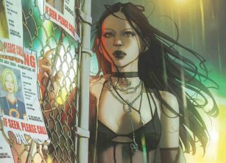 NYX #3 gets a W. Scott Forbes variant revisiting the debut of X-23 X-23 in fishnet stockings and a cutoff top and bra as she presses against an iron fence, with dark yet colorful yellows, red, and green hues in the backdrop.