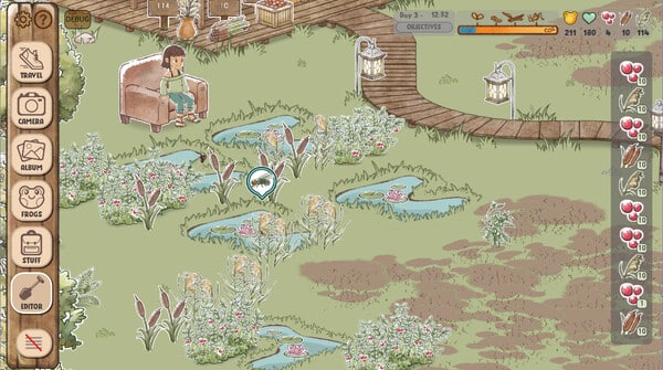 An animated girl with short brown hair sits on a couch looking at a wetlands region.