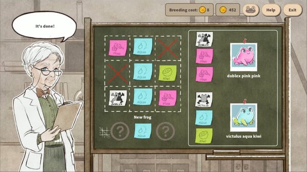 A tic-tac-toe game with multi-colored post-it notes used to mark spots. A drawn white woman in white labcoat and green top stands next to it.
