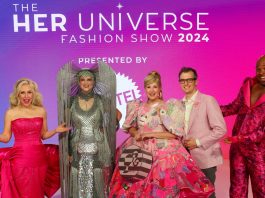 SDCC ’24: 10th annual HER UNIVERSE Fashion Show highlighted the height of fandom couture Ashley Eckstein and Michael James Scott with Her Universe Fashion Show 2024 Winners Candice Miller and Wes Jenkins (Photo by Mark Edwards)