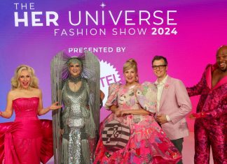 SDCC ’24: 10th annual HER UNIVERSE Fashion Show highlighted the height of fandom couture Ashley Eckstein and Michael James Scott with Her Universe Fashion Show 2024 Winners Candice Miller and Wes Jenkins (Photo by Mark Edwards)