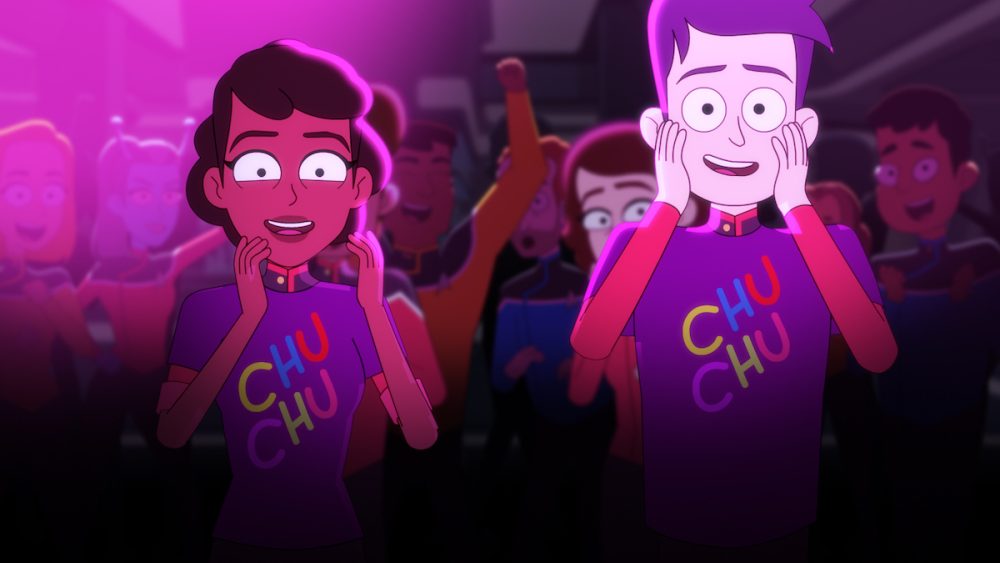 "Terminal Provocations" -- Pictured (L-R) Tawny Newsome as Ensign Beckett Mariner and Jack Quaid as Ensign Brad Boimler of the CBS All Access series STAR TREK: LOWER DECKS. Photo Cr: Best Possible Screen Grab CBS ©2020 CBS Interactive, Inc. All Rights Reserved. Maybe they will have Chu Chu shirts at The Lodge.