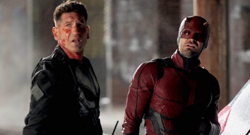 Jon Bernthal plays the Punisher on the left and Charlie Cox plays Daredevil on the right in