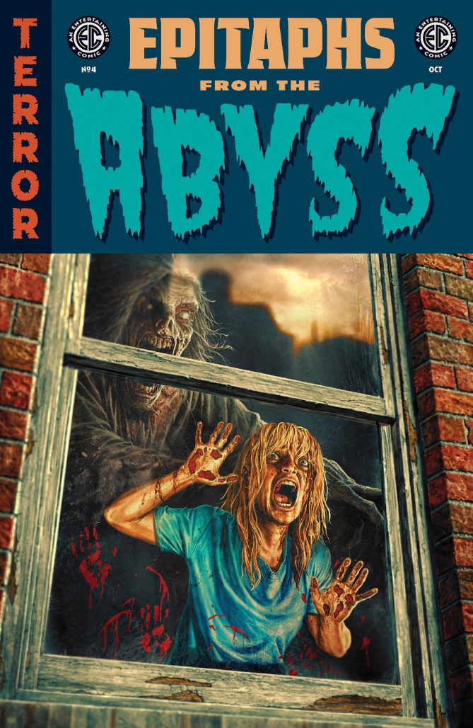 A ghoul with a gaping large jaw approaches a screaming women just inside a window